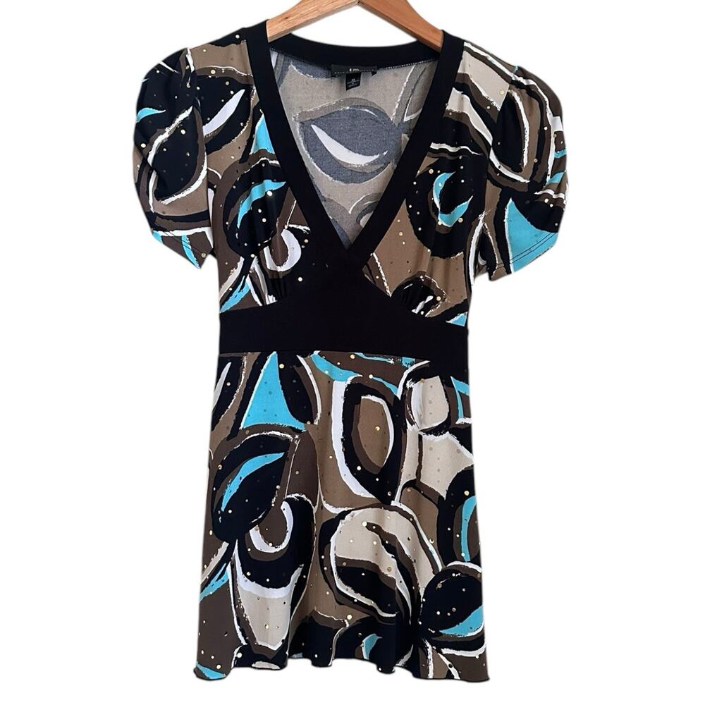 IZ Byer Women M Blouse Empire Waist Tie Back Babydoll Y2K Vtg Turquoise Floral